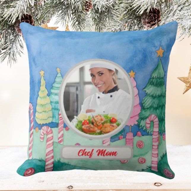 Christmas Candy Cane Personalised Chef Mum Photo Cushion (Creator Uploaded)