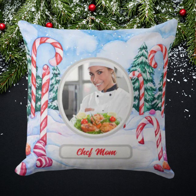 Christmas Candy Cane Personalised Chef Mum Photo Cushion (Creator Uploaded)