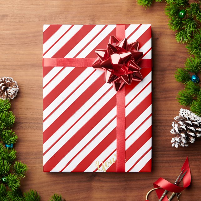 Christmas Candy Cane Red Stripes Custom Gold Text Wrapping Paper (Christmas Candy Cane Red Stripes Custom Gold Text Wrapping Paper)
