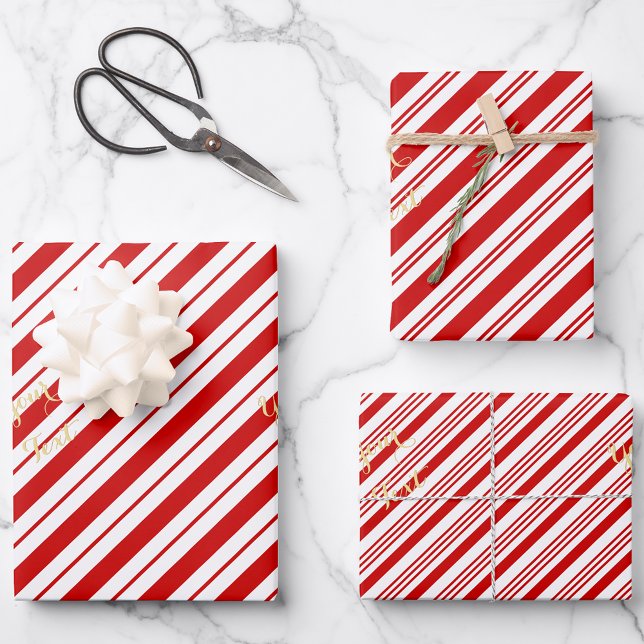 Christmas Candy Cane Red Stripes Gold Text Holiday Wrapping Paper Sheet (Christmas Candy Cane Red Stripes Gold Text Holiday Wrapping Paper Sheets)