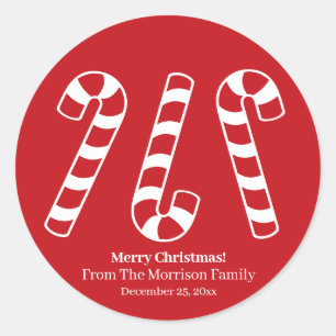 Christmas candy cane red & white custom name cute classic round sticker