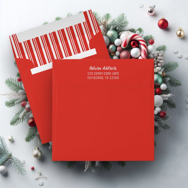 Christmas Candy Cane Stripe Square Envelope (Candy Cane Striped Envelope with red outside.)