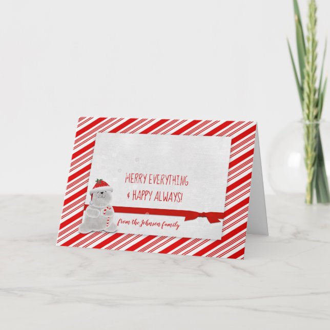 Christmas candy cane stripe with bear holiday card (Front)