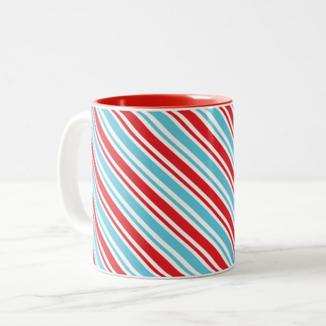 CHRISTMAS CANDY CANE STRIPES cute modern red blue Two-Tone Coffee Mug (Front Left)