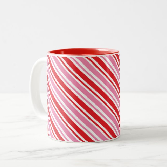 CHRISTMAS CANDY CANE STRIPES cute modern red pink Two-Tone Coffee Mug (Front Left)