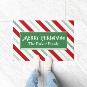 Christmas Candy Cane Stripes Green White and Red Doormat