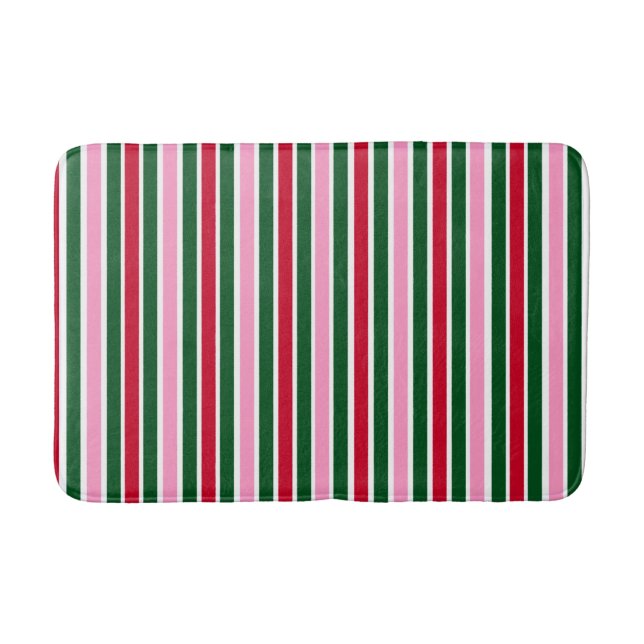 Christmas Candy Cane Stripes in Pink Green and Red Bath Mat (Front)