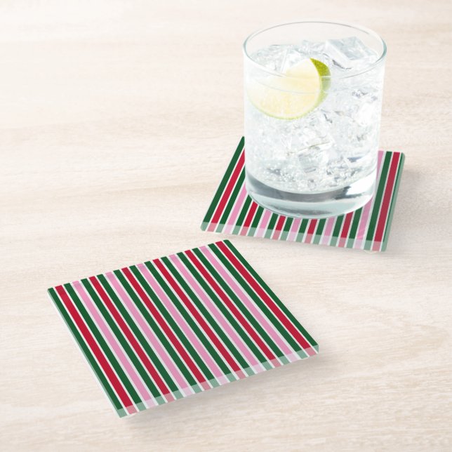 Christmas Candy Cane Stripes in Pink Green and Red Glass Coaster (Angled)