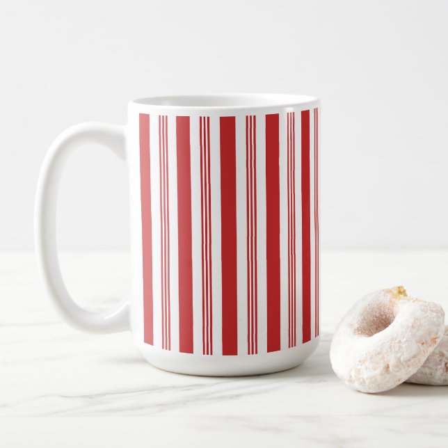 Christmas Candy Cane Stripes, Red, White Coffee Mug (With Donut)