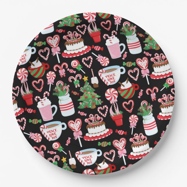 Christmas Candy Cane Sweets Pattern Paper Plate (Front)