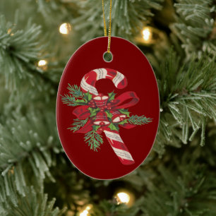 Christmas Candy Cane With Decorative Ribbon Ceramic Ornament