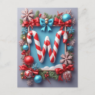 🎄 Christmas Candy Cane Wreath W Monogram Holiday Postcard
