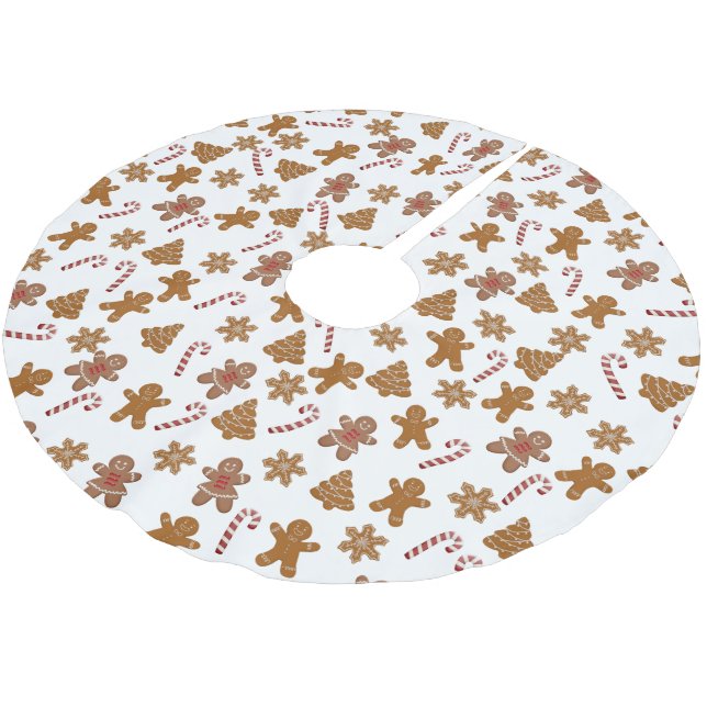 Christmas Candy Canes and Gingerbread Men Brushed Polyester Tree Skirt (Angled)