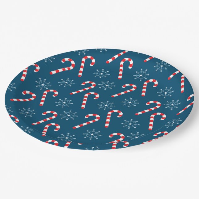 Christmas candy canes and snowflakes pattern blue paper plate (Angled)
