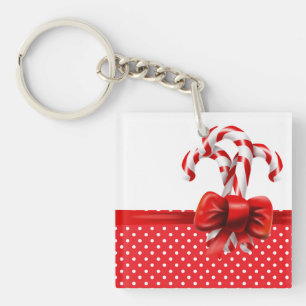 Christmas Candy Canes Bow with Red and White Dots  Key Ring