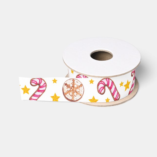 Christmas Candy Canes, Stars & Cookie Pattern Grosgrain Ribbon (Spool)