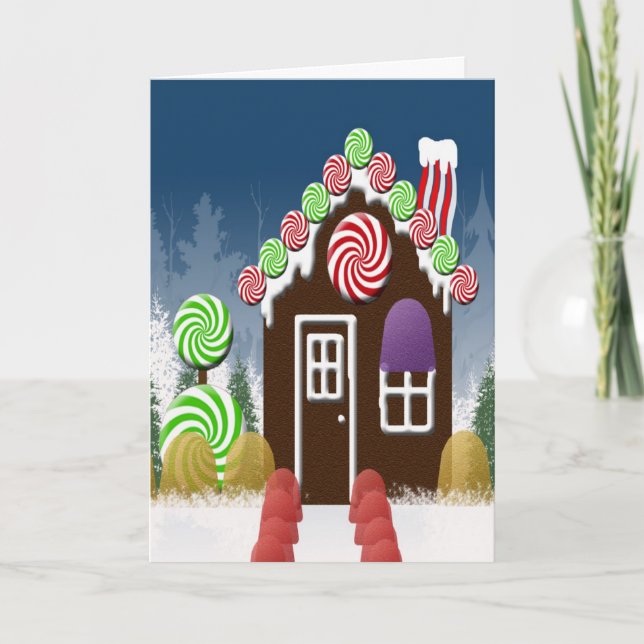Christmas Candy Cosy Cabin Gingerbread House Holiday Card (Front)