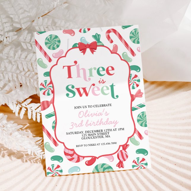 Christmas Candy Three is Sweet 3rd Birthday Invitation (Creator Uploaded)