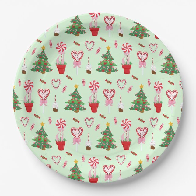Christmas Candy Trees Pattern Paper Plate (Front)