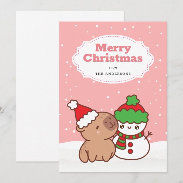 Christmas Capybara And Snowman Cute Holiday Card (Front/Back)