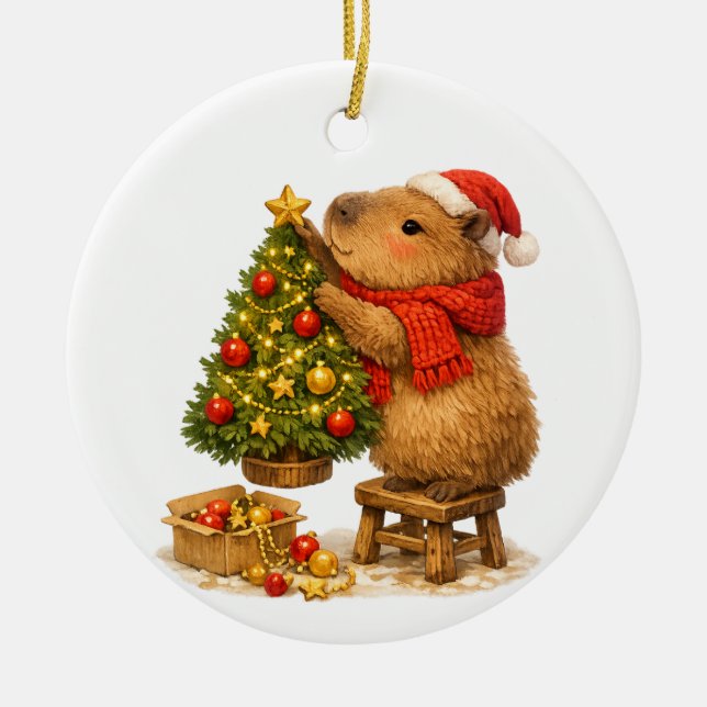 Christmas Capybara Decorating Tree Ceramic Ornament (Front)