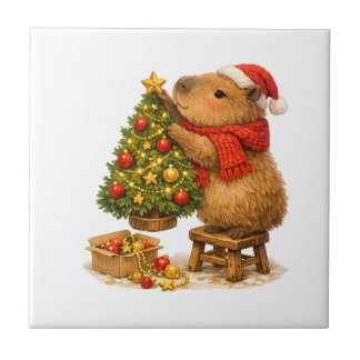 Christmas Capybara Decorating Tree Ceramic Tile