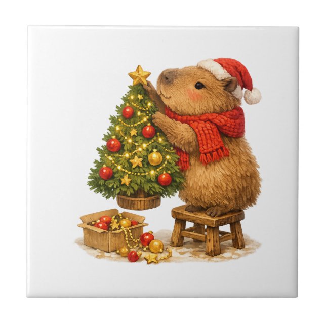 Christmas Capybara Decorating Tree Ceramic Tile (Front)