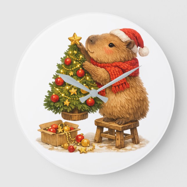 Christmas Capybara Decorating Tree Large Clock (Front)