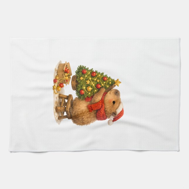 Christmas Capybara Decorating Tree Tea Towel (Horizontal)