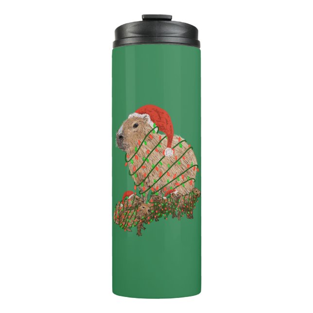 Christmas Capybara Family Wrapped in Lights Thermal Tumbler (Front)