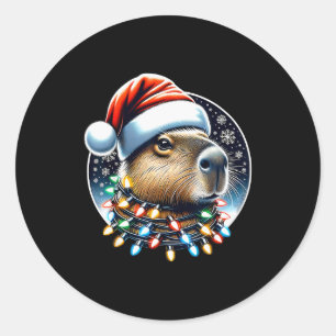 Christmas Capybara Santa Hat Xmas Lights Men Women Classic Round Sticker