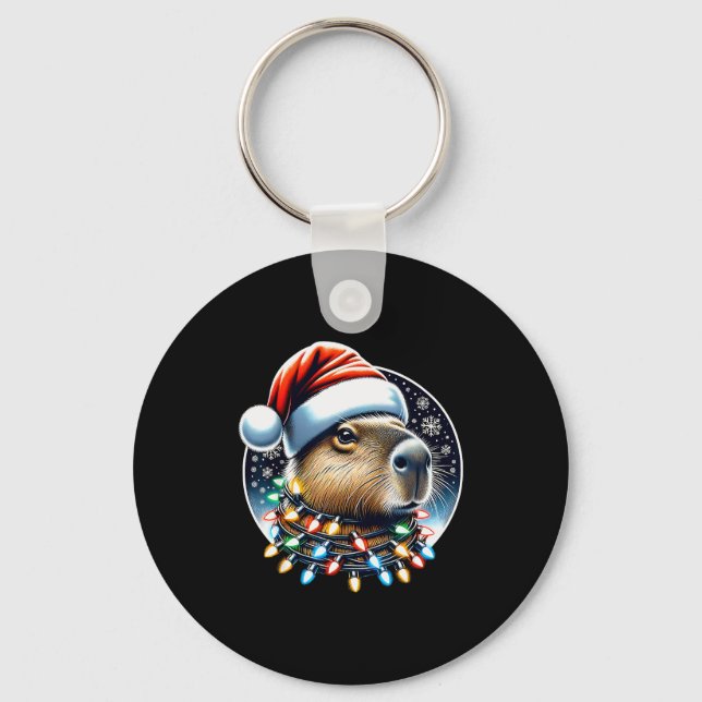 Christmas Capybara Santa Hat Xmas Lights Men Women Key Ring (Front)