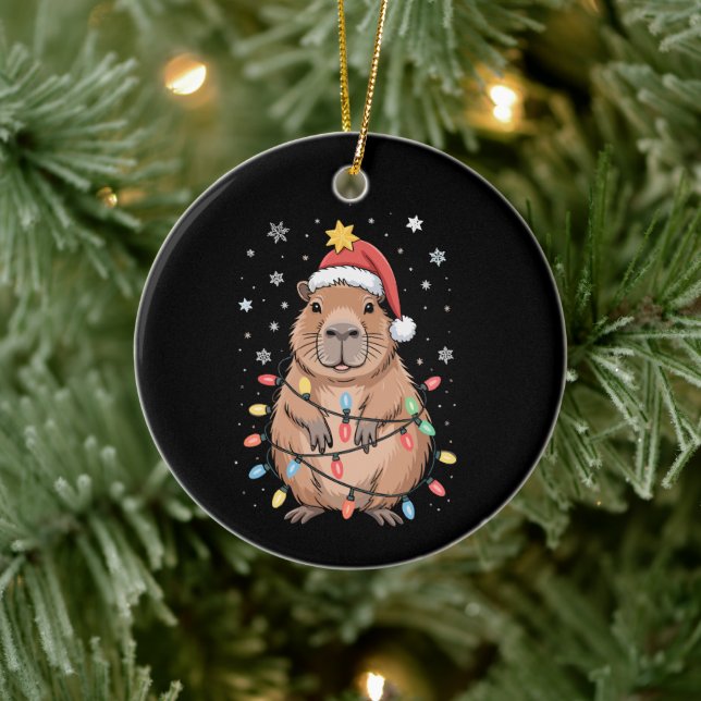 Christmas Capybara With Santa Hat Xmas Lights Tree Ceramic Ornament (Tree)
