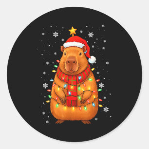 Christmas Capybara With Santa Hat Xmas Lights Tree Classic Round Sticker