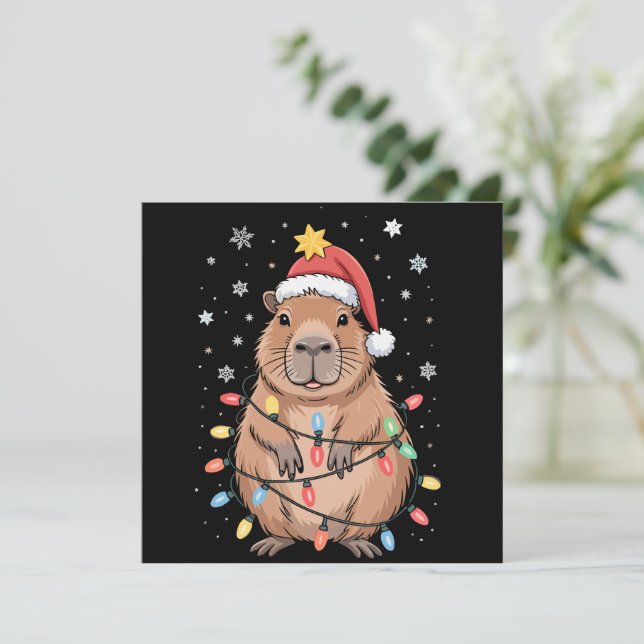 Christmas Capybara With Santa Hat Xmas Lights Tree Holiday Card (Standing Front)