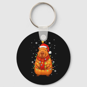 Christmas Capybara With Santa Hat Xmas Lights Tree Key Ring