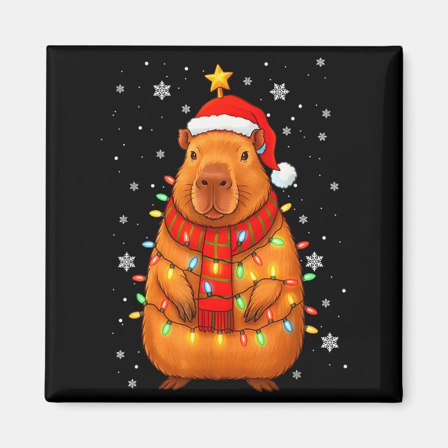 Christmas Capybara With Santa Hat Xmas Lights Tree Magnet (Front)