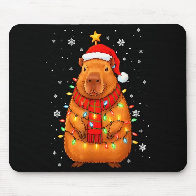 Christmas Capybara With Santa Hat Xmas Lights Tree Mouse Pad (Front)
