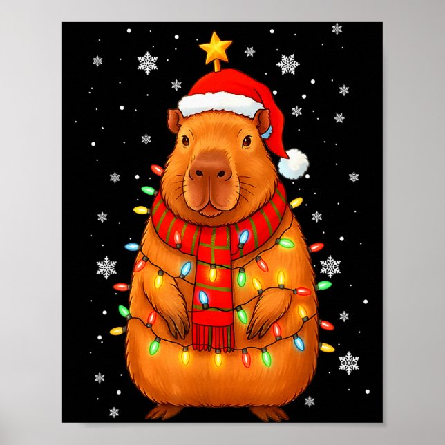 Christmas Capybara With Santa Hat Xmas Lights Tree Poster (Front)