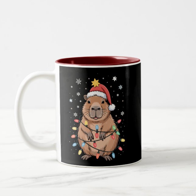 Christmas Capybara With Santa Hat Xmas Lights Tree Two-Tone Coffee Mug (Left)