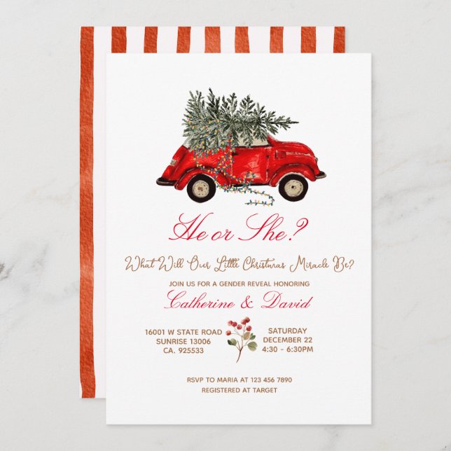 Christmas Car and Tree Gender Reveal Invitation (Front/Back)