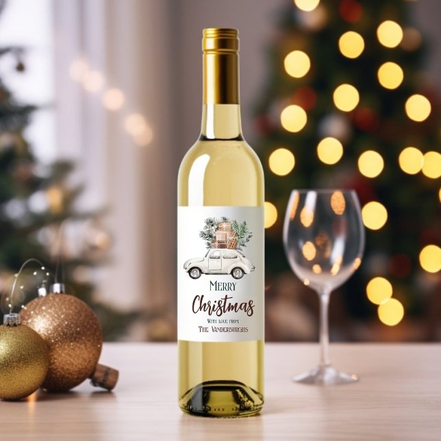 Christmas Car Custom Holiday Watercolor  Wine Label (Christmas Car Custom Holiday Watercolor Wine Label)