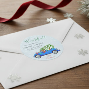 Christmas Car Moving Announcement Moving Classic Round Sticker