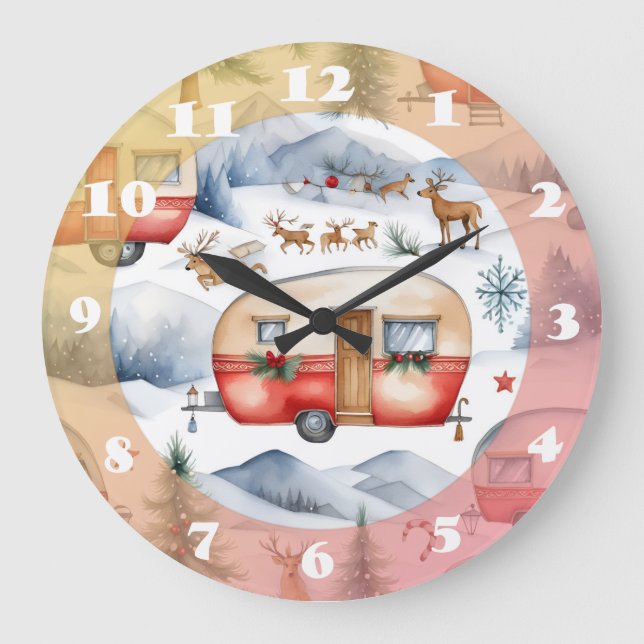 Christmas Caravan, Snow, Deer Large Clock (Front)