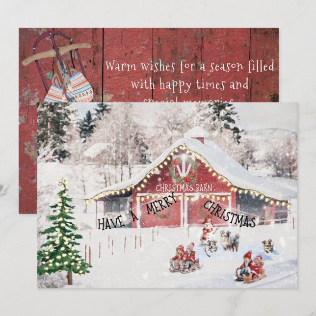 Christmas Card, Barn, Children, Sleds, Aussie Dogs Holiday Card (Front/Back)