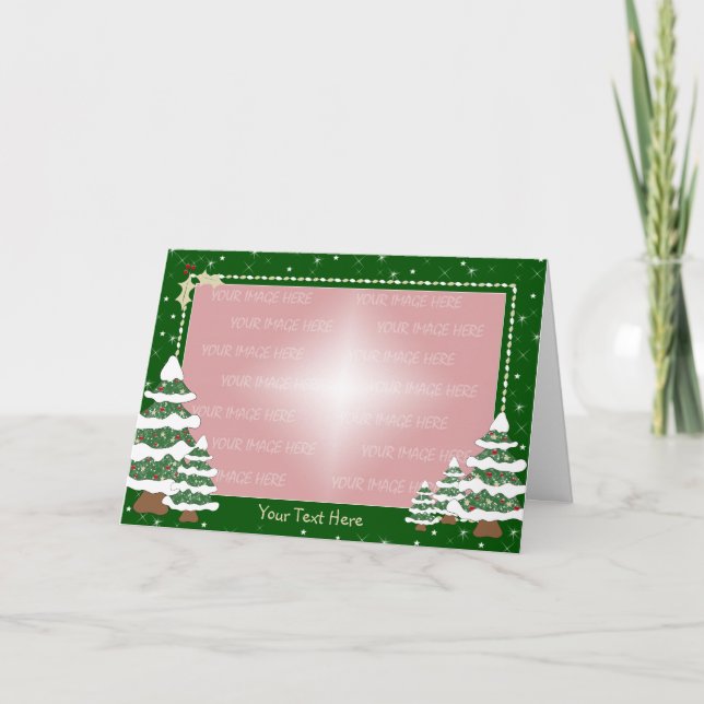 Christmas Card Border - Snowy Decorated Pine Trees (Front)