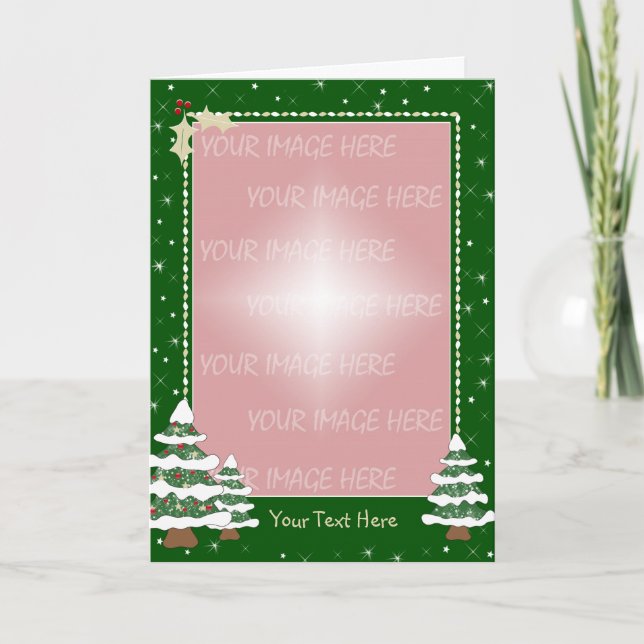 Christmas Card Border - Snowy Decorated Pine Trees (Front)