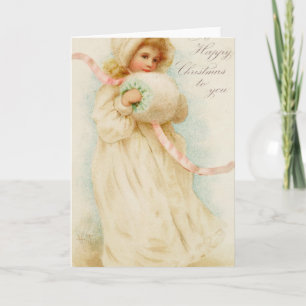Christmas card depicting a girl with a muff