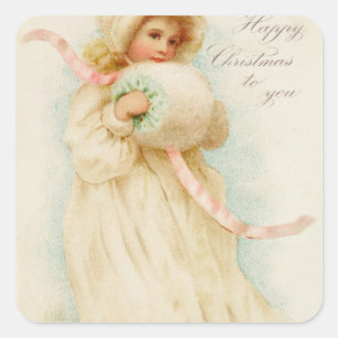 Christmas card depicting a girl with a muff square sticker