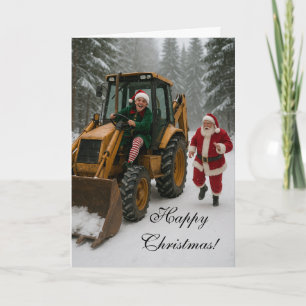 Christmas card - Elf stealing Santa's digger